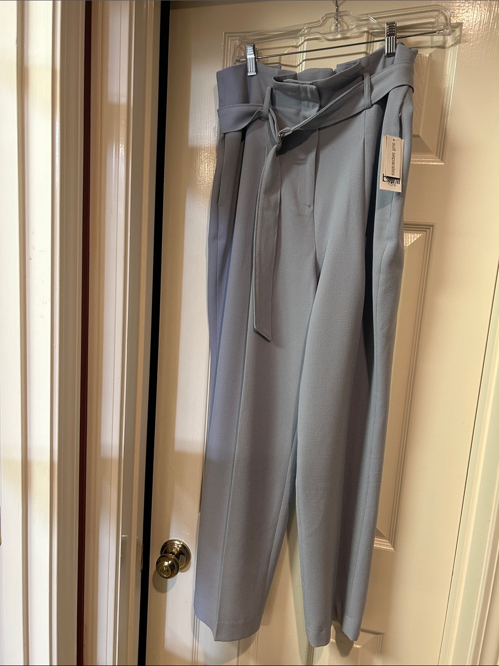 Tailored Paperbag Waist Dress Pants in Light Blue with Self-Tie Belt